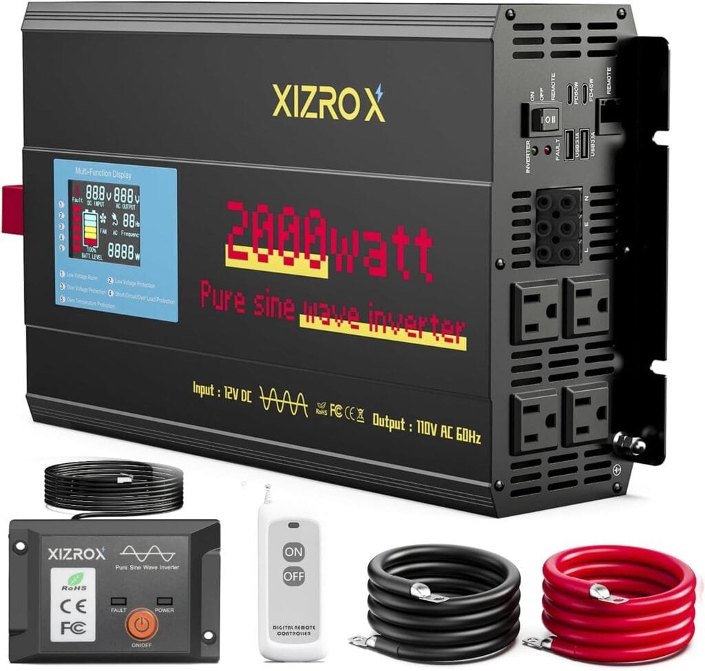 2000W Pure Sine Wave Inverter,12V DC to 110V AC Inverter, 9 Port with 4 AC /2 USB/ 2 Type C 60W+45W Fast Charging, LED Display, Wireless/Wired Remote Control for Camping, Outdoor, RV