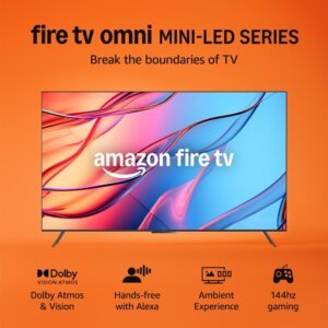 Amazon Fire TV 55" Omni Mini-LED series, QLED 4K UHD smart TV, Dolby Vision IQ, 144 Hz gaming mode, ambient experience, hands-free with Alexa, 2024 release