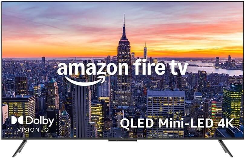 Amazon Fire TV 55" Omni Mini-LED series, QLED 4K UHD smart TV, Dolby Vision IQ, 144 Hz gaming mode, ambient experience, hands-free with Alexa, 2024 release