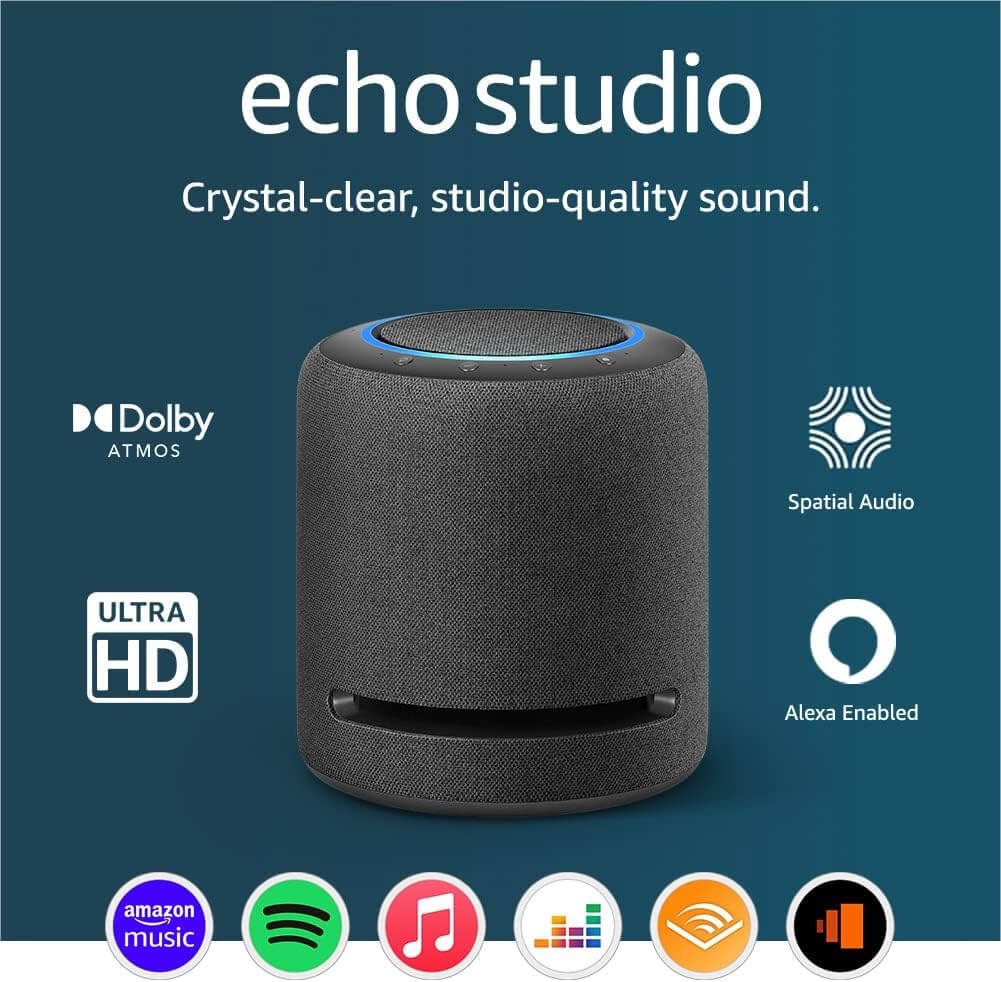 Echo Studio (Newest gen) | Our best-sounding Wi-Fi and Bluetooth smart speaker ever | Dolby Atmos, spatial audio, smart home hub and Alexa
