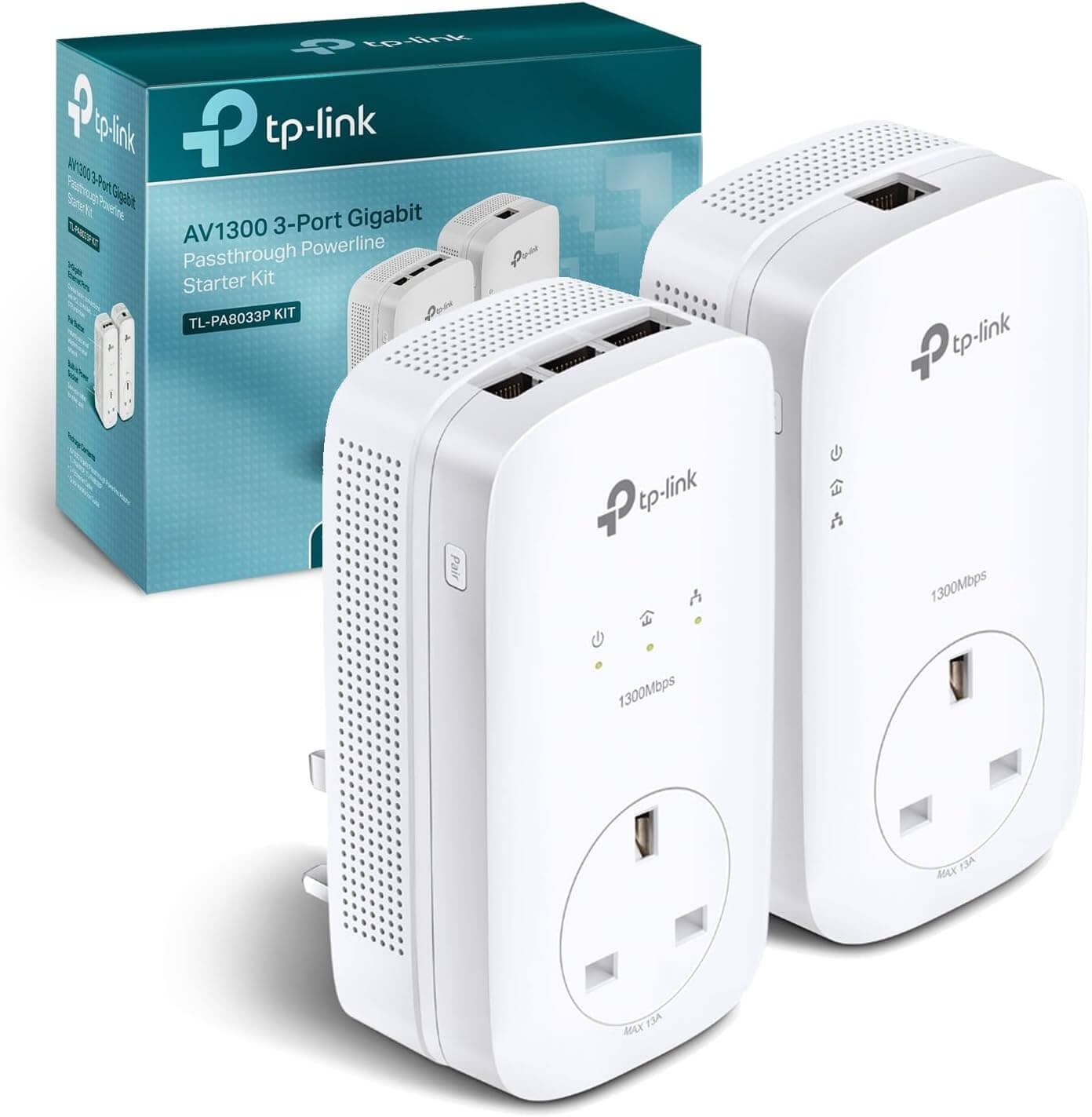 TP-Link TL-PA8033PKIT AV1300 3-Port Gigabit Passthrough 2x2 MIMO Powerline Adapter Starter Kit, No Configuration Required