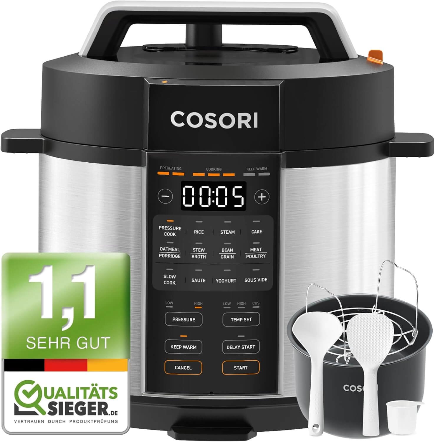 COSORI Pressure Cooker, 9-in-1, Multi-Cooker with 14 Functions, 5.7 L Pressure Cooker, Rice Cooker, Steamer, Yoghurt Maker, Slow Cooker and Sous Vide, Saute Pan, Recipe Book, Stainless Steel