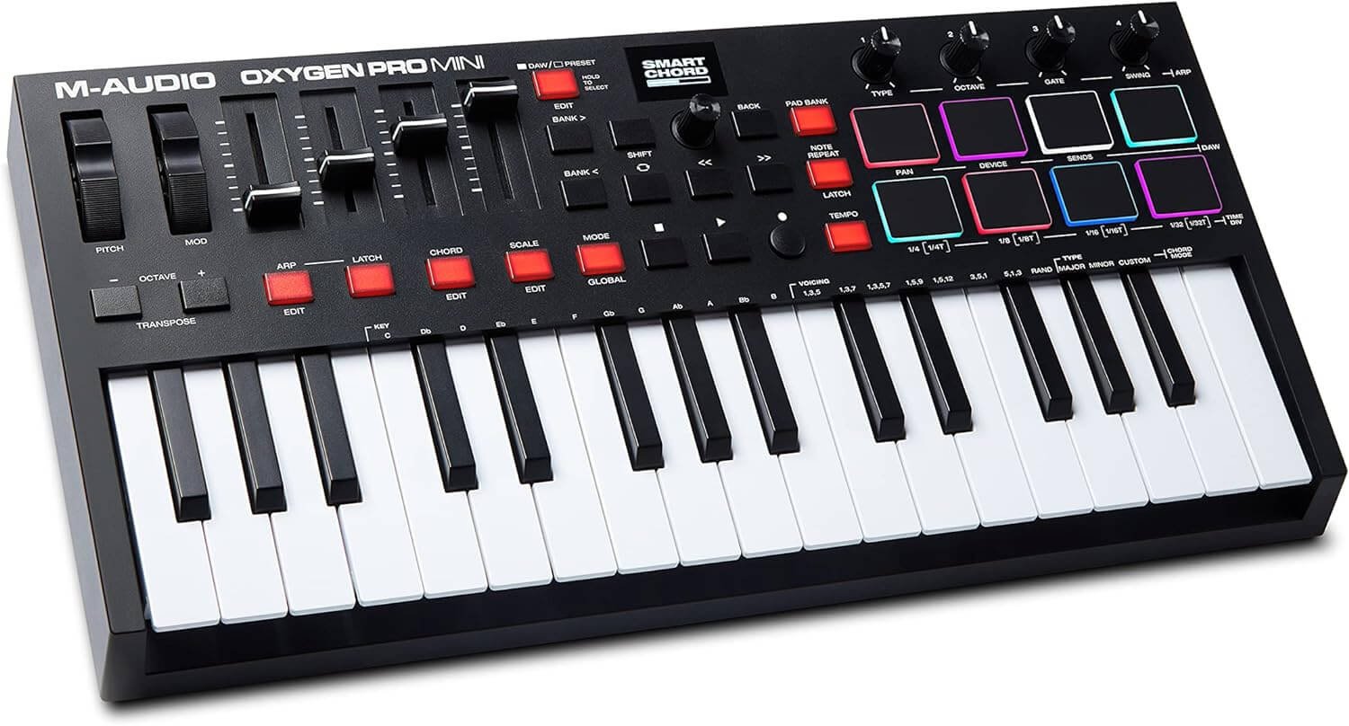 M-Audio Oxygen Pro Mini – 32 Key USB MIDI Keyboard Controller With Beat Pads, MIDI assignable Knobs