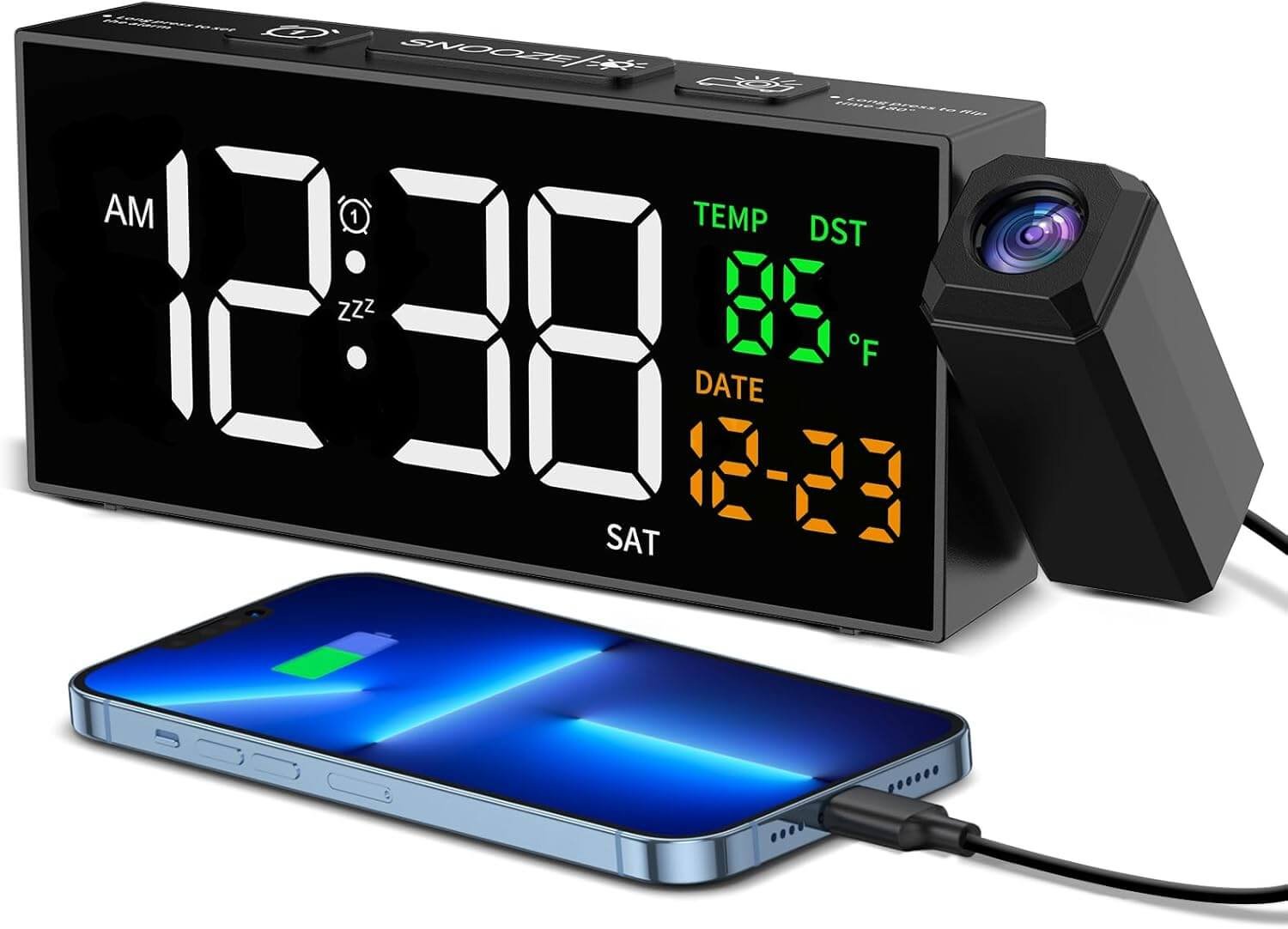 Netzu Projection Alarm Clocks Bedside, Loud Alarm Clock with 350° Rotatable Projector, Temperature, Date, 10 Alarmtones, 4 Volumes, USB Charger, Projector Alarm Clock for Bedroom Living Room