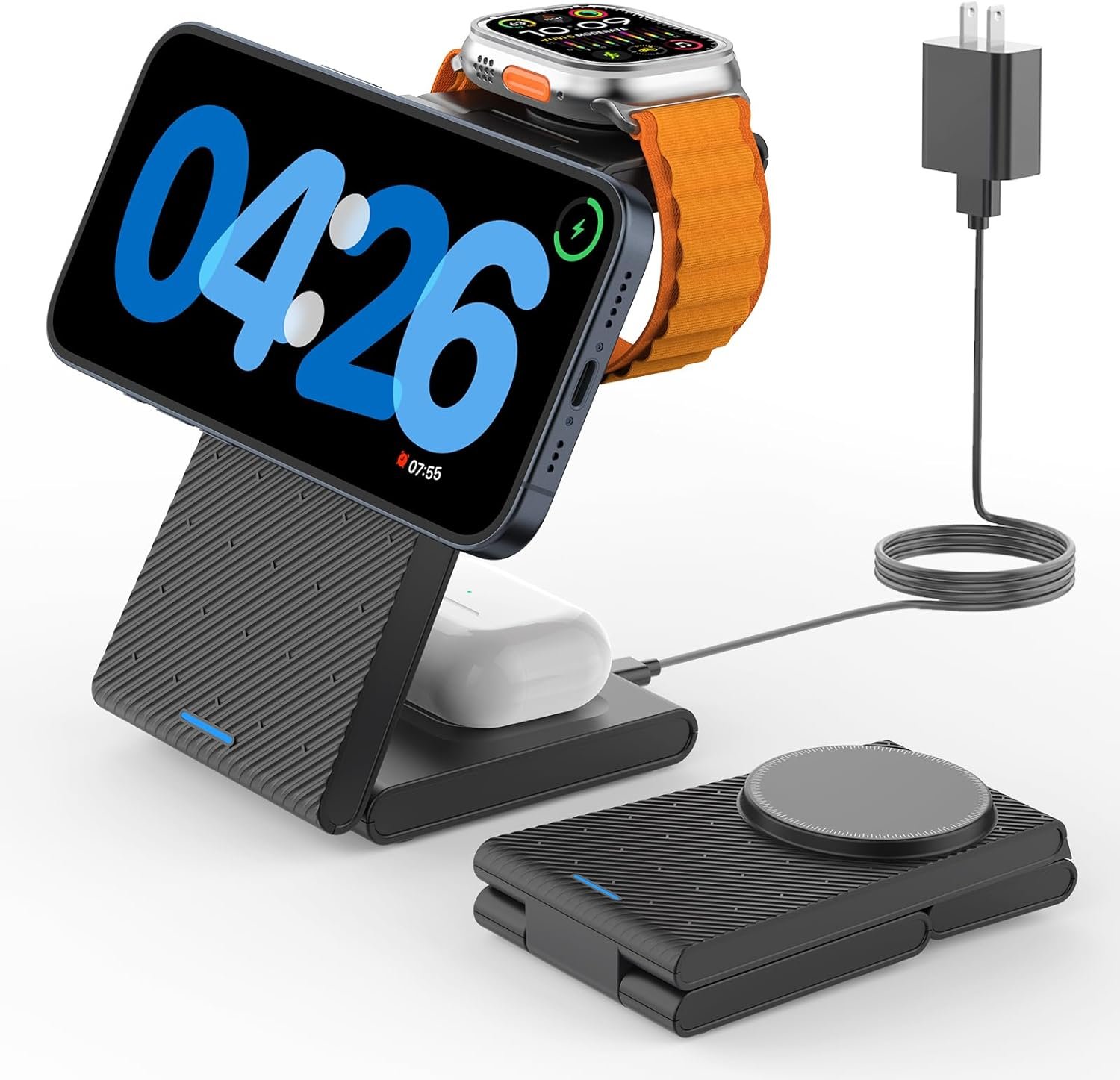 GEEKERA 3 in 1 Wireless Charging Station for Magsafe, Foldable Magnetic Wireless Charger Stand for Multiple Devices, Wireless Charger for iPhone 16/15/14/13/12 Pro Max, Apple Watch, AirPods 4/3/2/Pro