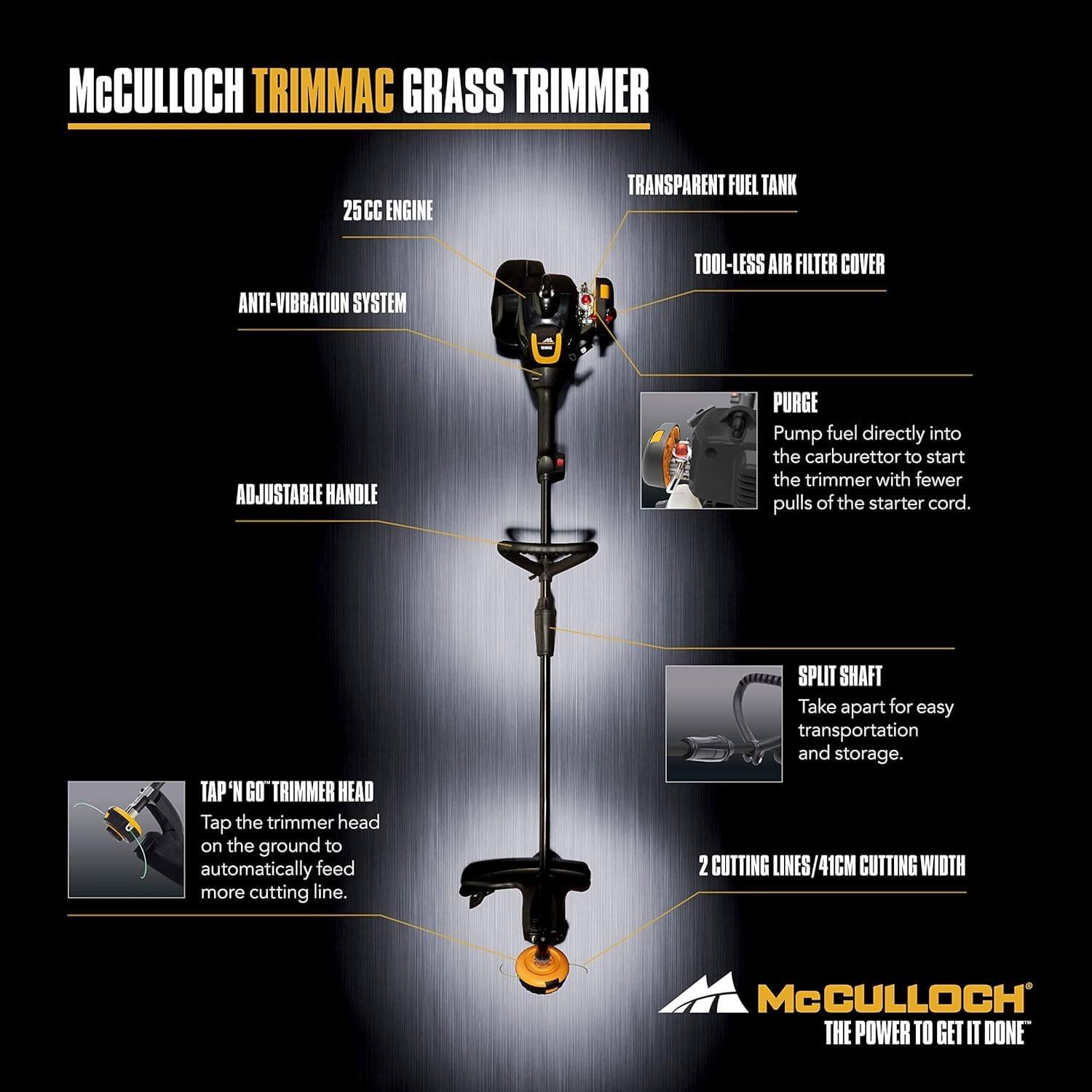 McCulloch TRIMMAC Trimmer: 25cc, 40 cm Working Width, Split Shaft, Double Thread Tracking, Combi Guard, Tap N Go Trimmer Head, Lightweight, Standard