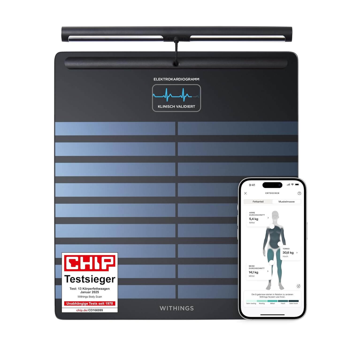 WITHINGS Body Scan - Connected WiFi Scale to Improve Your Health, BIA Personal Scale, Body Composition Analysis, Body Fat, Muscle Mass, Water Percentage, Electrocardiogram, Black