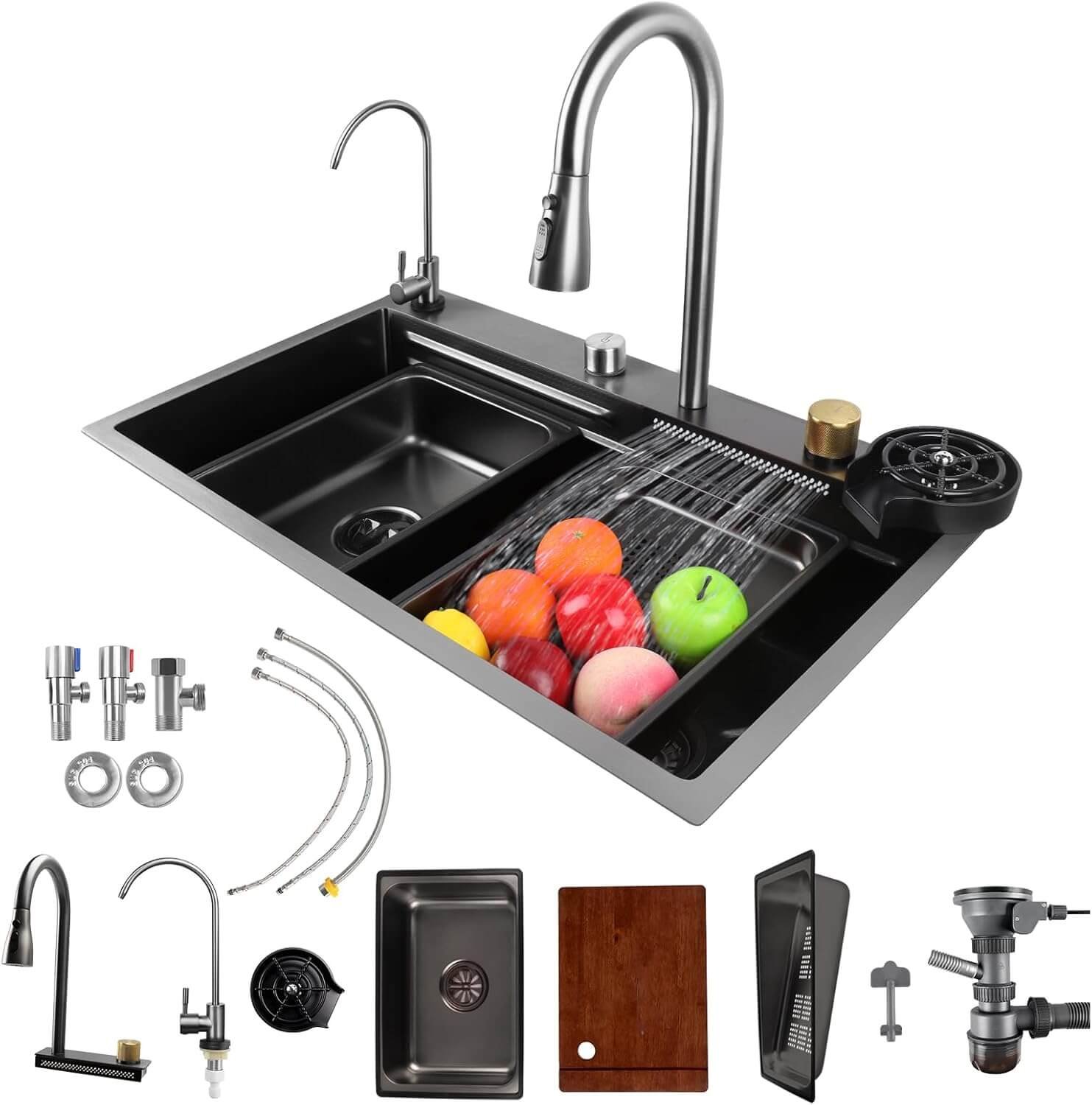 Waterfall Kitchen Sink, Multifunctional Smart Kitchensink with Waterfall Faucet, Grey & Black Kitchen Sink Unit with Cup Rinser & 4 Spray Modes, 75x46CM