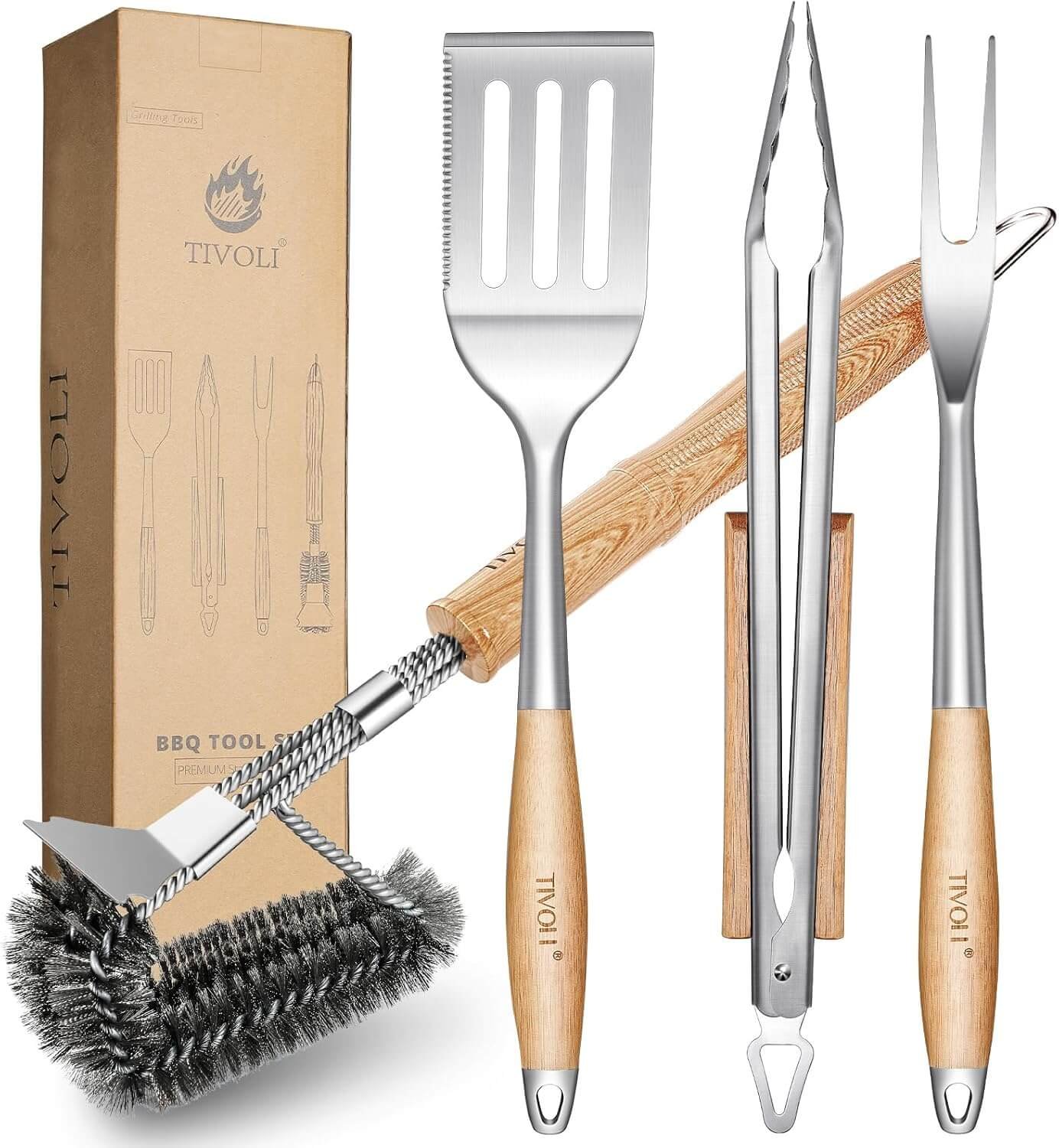 TIVOLI Grill Accessories 4PC BBQ Tools Set with Heavy Duty Stainless Steel Barbecue Spatula, Clips,Brushes, Forks Grill Tools for Outdoor Grill with Wood Handle Gill Gift Ideas for Dad Man