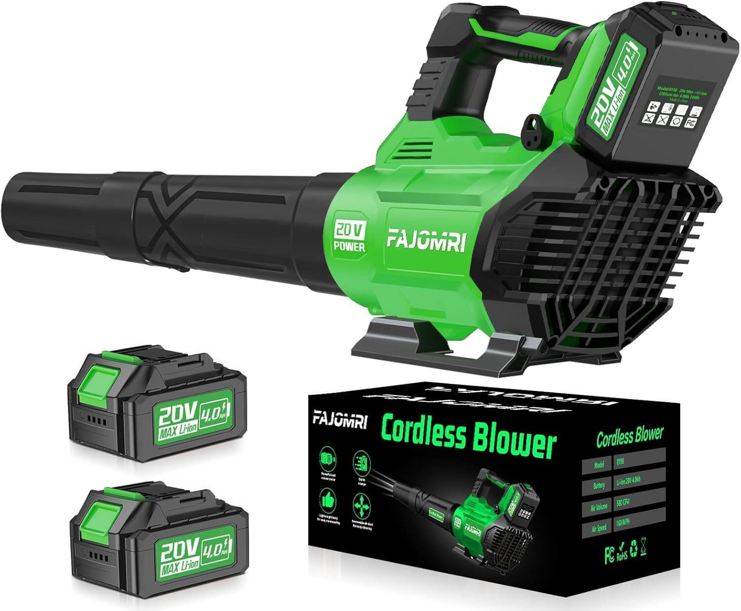 Cordless Leaf Blower – 3-Speed Settings, 580 CFM / 160 MPH Powerful Electric Blower with 2 × 4.0Ah Batteries and Charger, Ideal for Lawn Maintenance