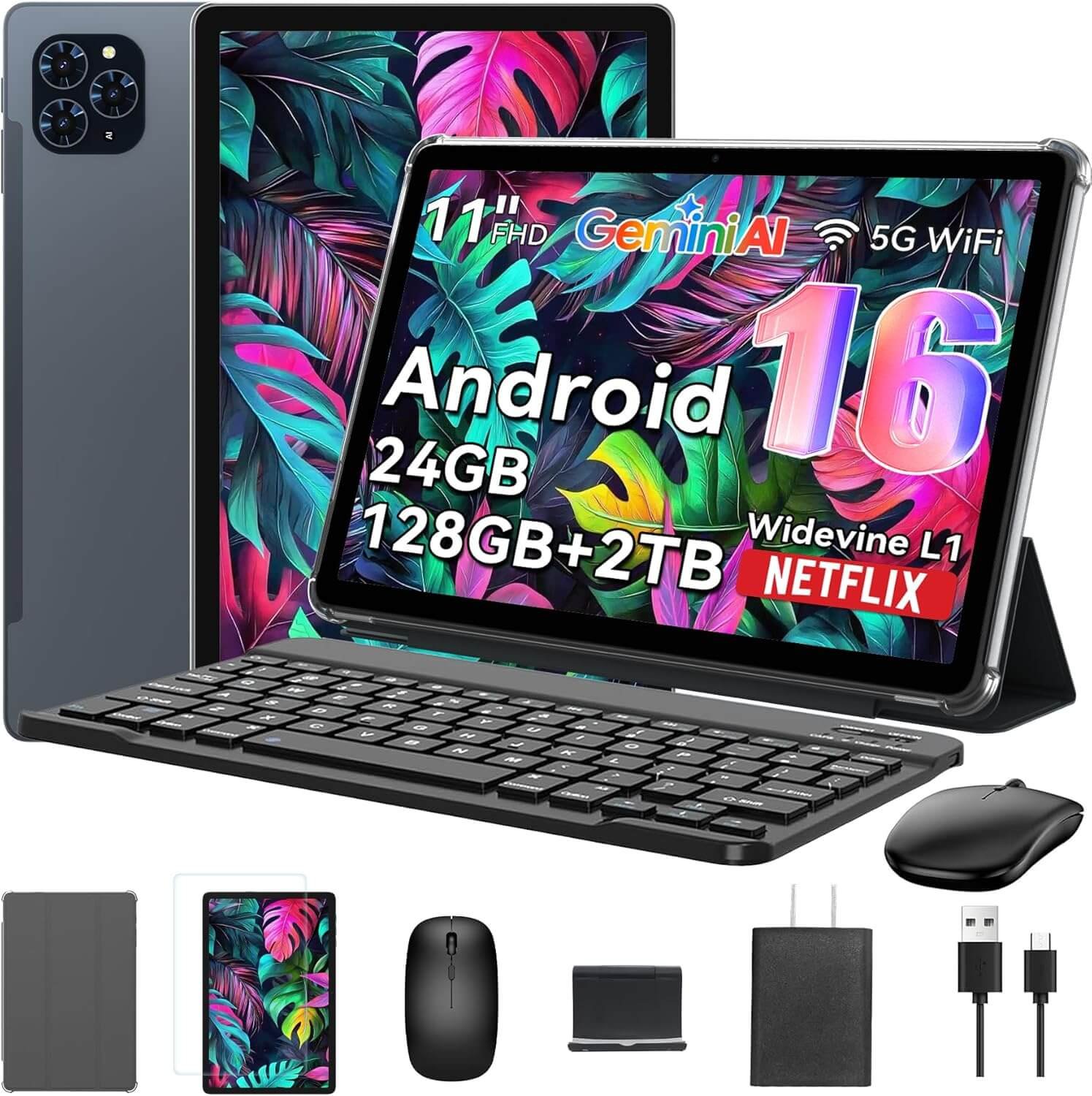 Tablet 2025 World's First Android 16 Tablet with Gemini AI, 11 Inch FHD Display, 24GB RAM 128GB ROM /2TB TF, T7280 CPU+13MP Camera, 8000mAh, Widevine L1, 2 in 1 Tablets with Keyboard Mouse Stylus