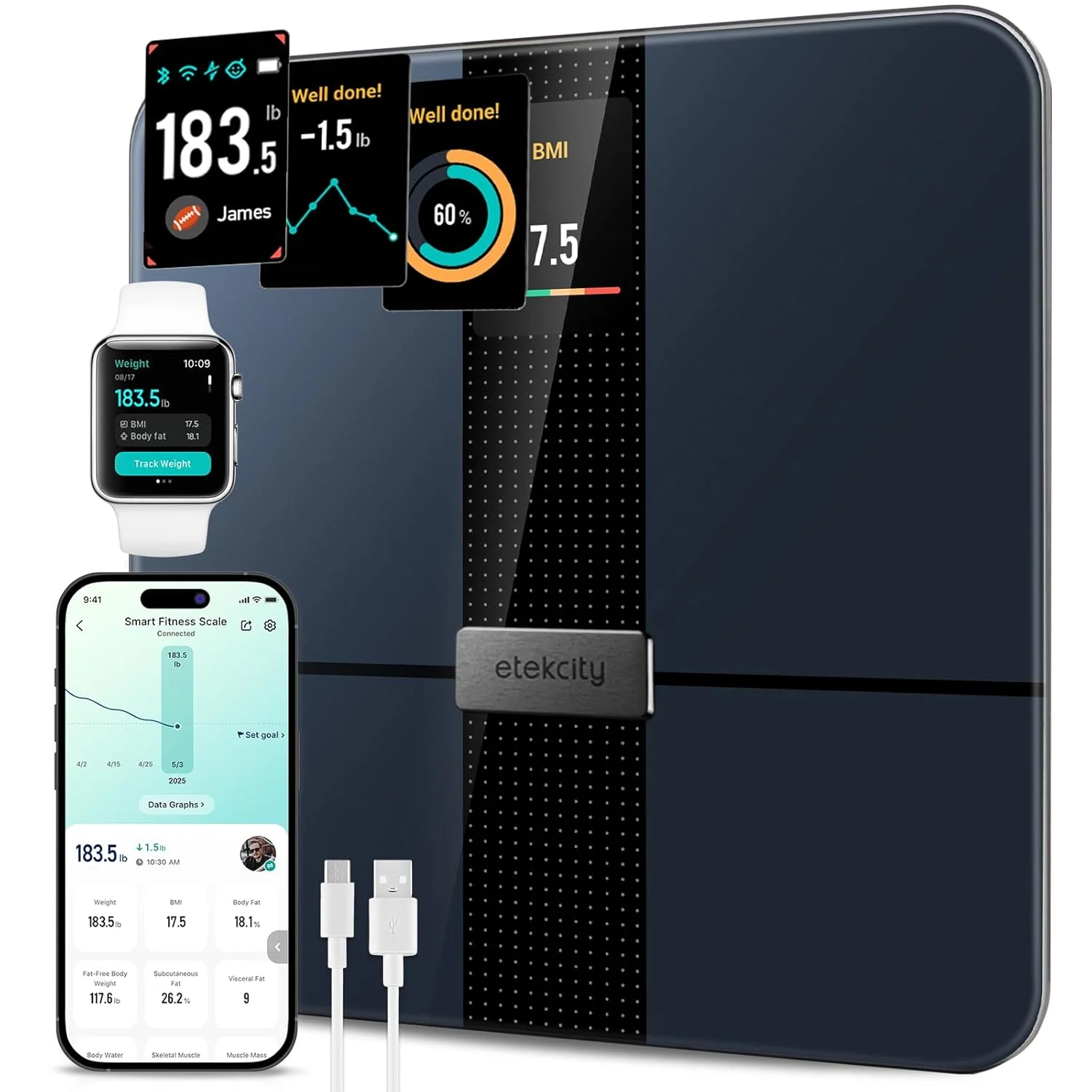 Etekcity Smart Scale for Body Weight Fat, Digital Bathroom Weighing Machine for Accurate BMI Muscle Mass Composition, Home Use Apple Health Compatible Fitness Equipment