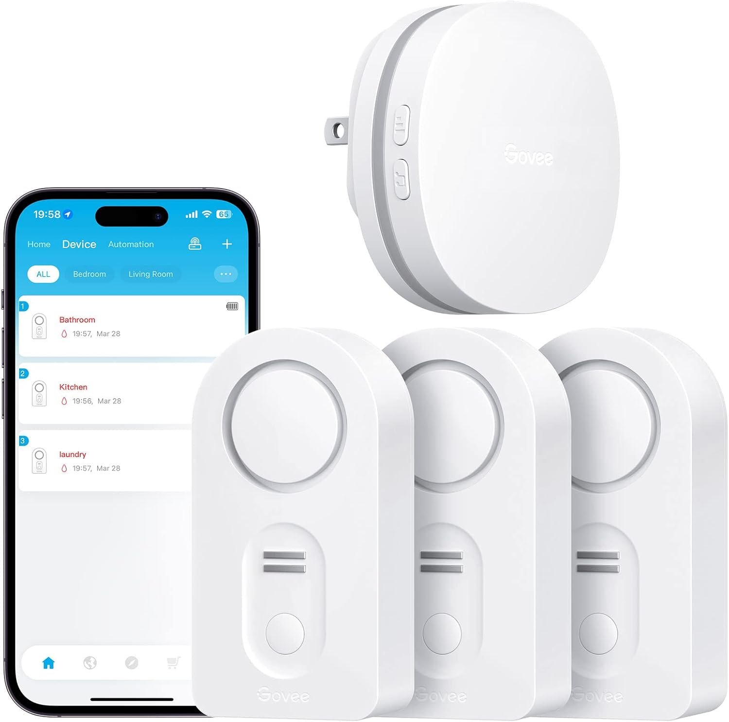 Govee WiFi Water Leak Detector 3 Packs, Leak Alert with Remotely Email/APP Push and Sound Alarm, Smart Water Sensor with 100dB Adjustable Alarm, Suit for Home