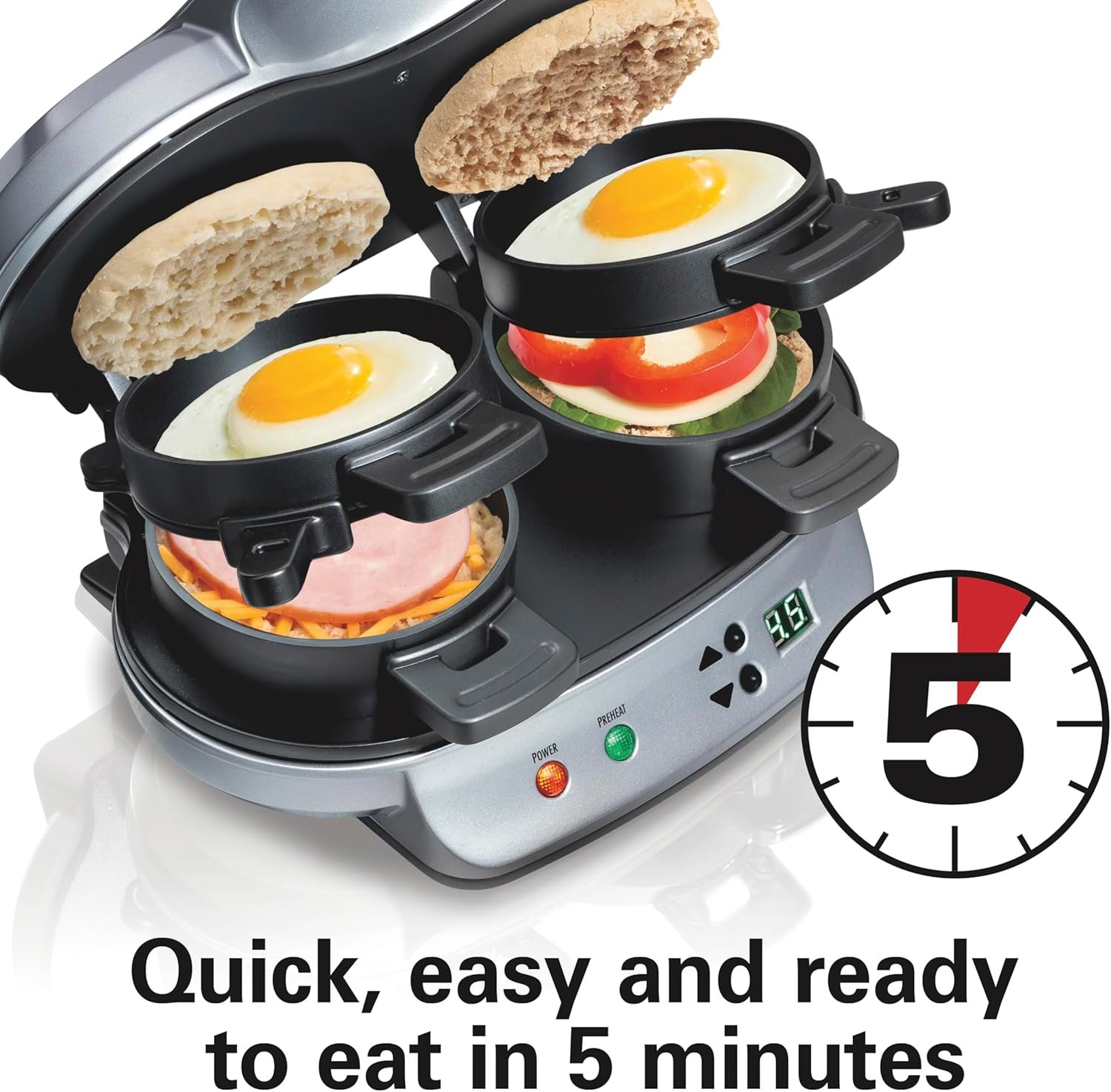  Hamilton Beach Dual Breakfast Sandwich Maker with Timer, Ready in 5 Minutes, Removable Dishwasher Safe PFAS-Free Non-Stick Egg Cooker Ring, Silver