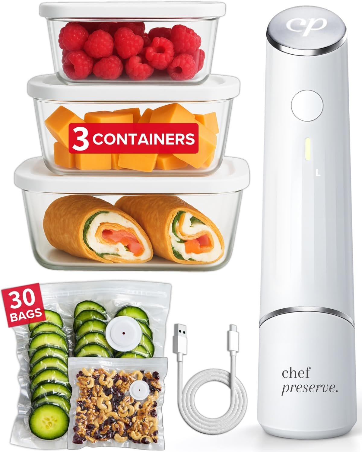 Chef Preserve Compact Vacuum Sealer for Food (Vacuum Sealer Machine + 3 Glass Vacuum Containers + 30 Reusable Vacuum Bags) Powerful Handheld Vacuum Seal Machine, Seal Meal Saver, Portable Food Sealer