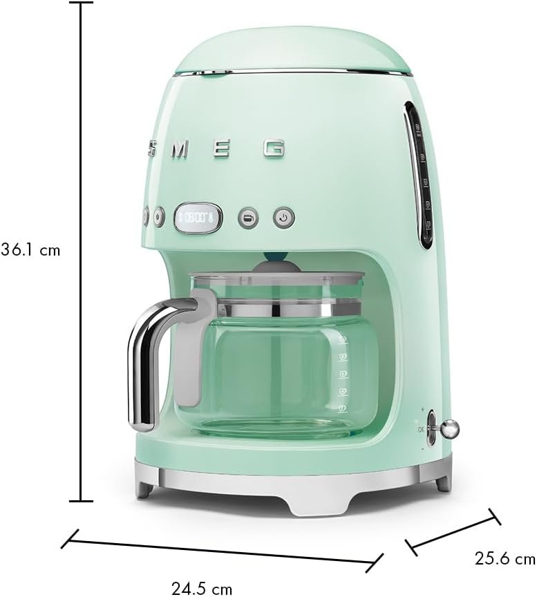 Smeg 50's Retro Style Aesthetic Drip Coffee Machine with 10 Cup Glass Carafe, Auto Start Feature, Keep Warm Plate, and Two Coffee Strength Settings (Pastel Green