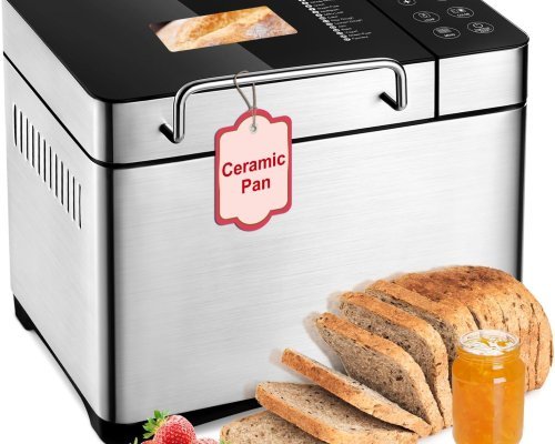 17-IN-1 All Stainless Steel Bread Maker, 2LB Bread Machine BPA-Free Non-Stick 5-Layer Superior Die-Cast Ceramic Pan, Auto Fruit Nut Dispenser, 2 Paddles & Full Touch Panel,15H Timer&Keep Warm, Recipes