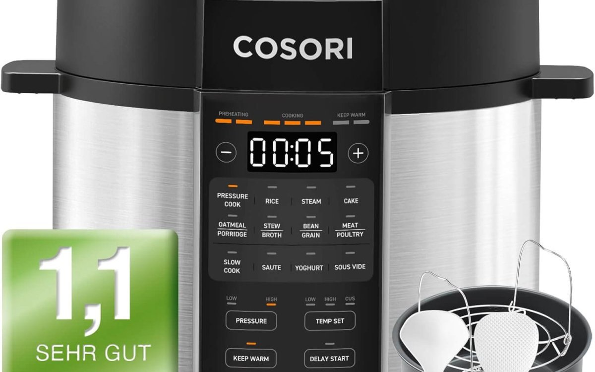 COSORI Pressure Cooker, 9-in-1, Multi-Cooker with 14 Functions, 5.7 L Pressure Cooker, Rice Cooker, Steamer, Yoghurt Maker, Slow Cooker and Sous Vide, Saute Pan, Recipe Book, Stainless Steel