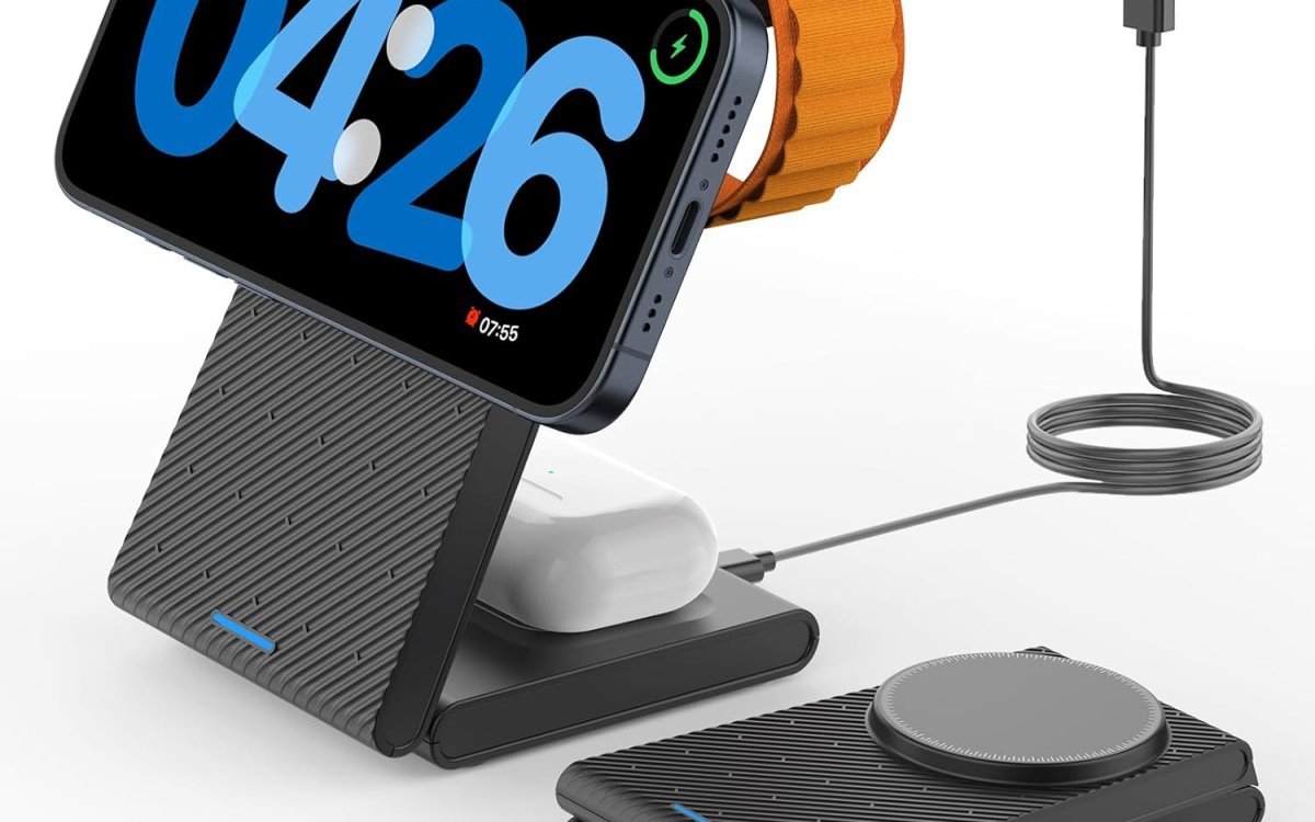 GEEKERA 3 in 1 Wireless Charging Station for Magsafe, Foldable Magnetic Wireless Charger Stand for Multiple Devices, Wireless Charger for iPhone 16/15/14/13/12 Pro Max, Apple Watch, AirPods 4/3/2/Pro