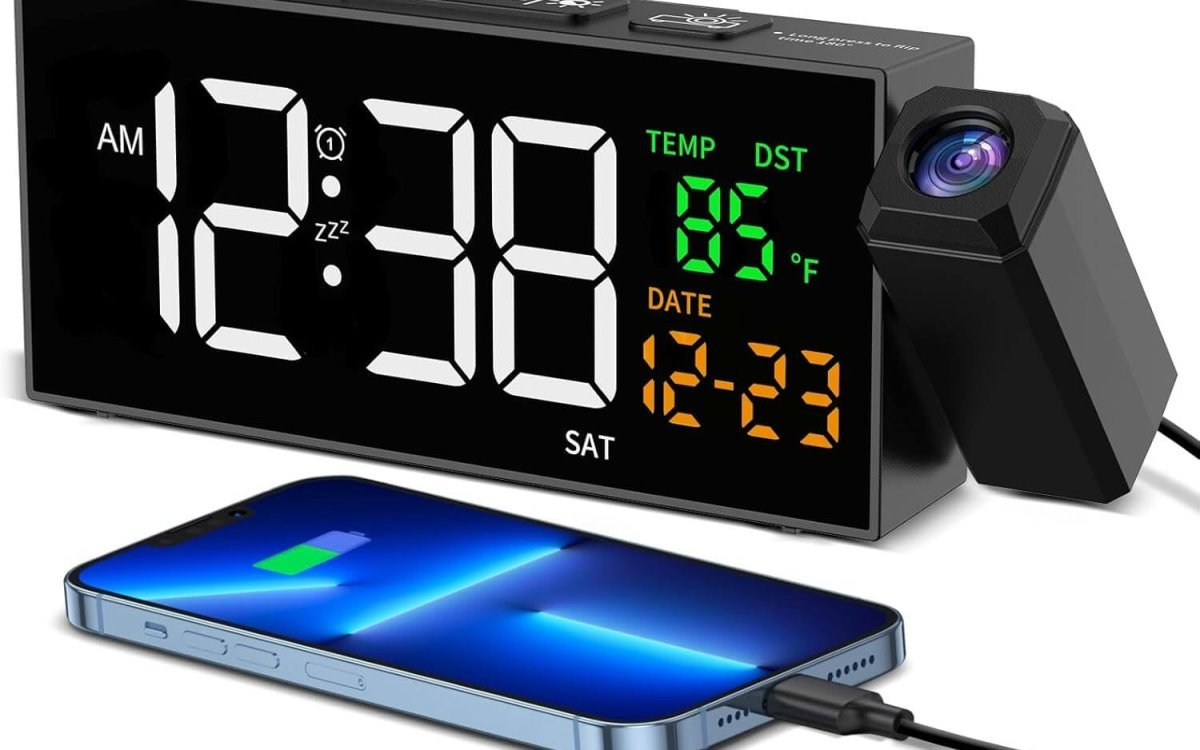 Netzu Projection Alarm Clocks Bedside, Loud Alarm Clock with 350° Rotatable Projector, Temperature, Date, 10 Alarmtones, 4 Volumes, USB Charger, Projector Alarm Clock for Bedroom Living Room