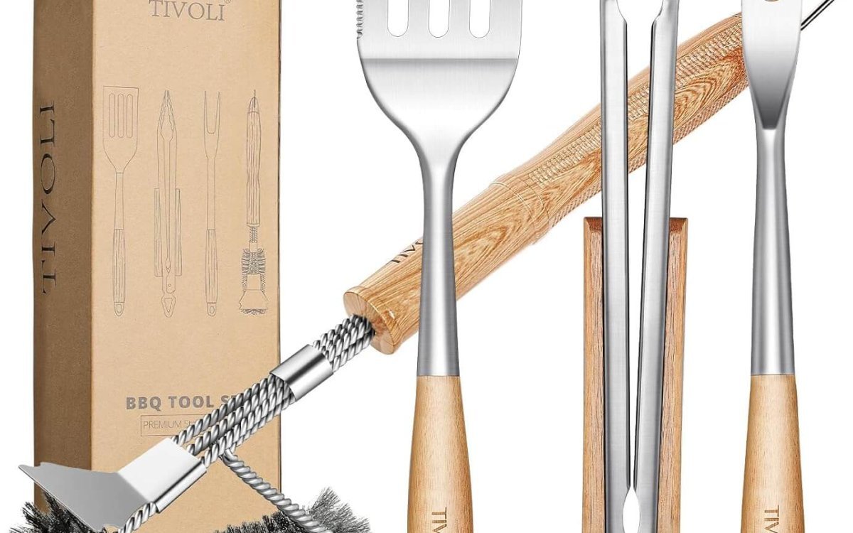TIVOLI Grill Accessories 4PC BBQ Tools Set with Heavy Duty Stainless Steel Barbecue Spatula, Clips,Brushes, Forks Grill Tools for Outdoor Grill with Wood Handle Gill Gift Ideas for Dad Man