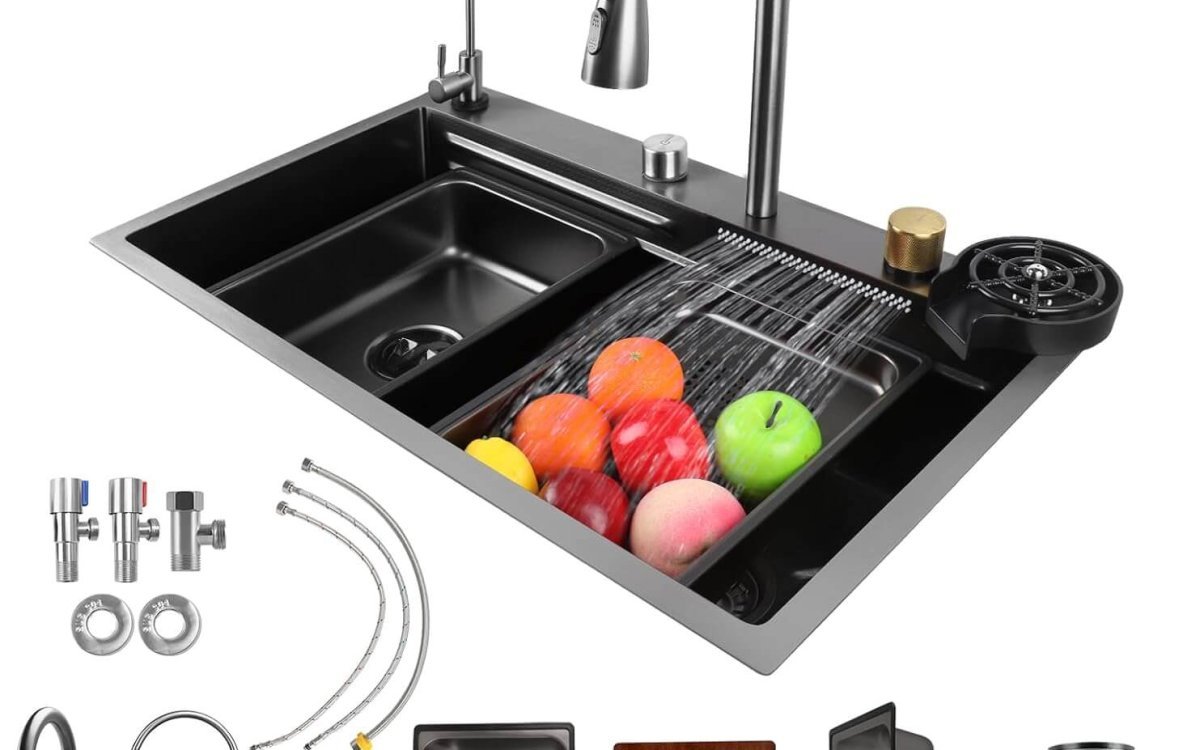 Waterfall Kitchen Sink, Multifunctional Smart Kitchensink with Waterfall Faucet, Grey & Black Kitchen Sink Unit with Cup Rinser & 4 Spray Modes, 75x46CM